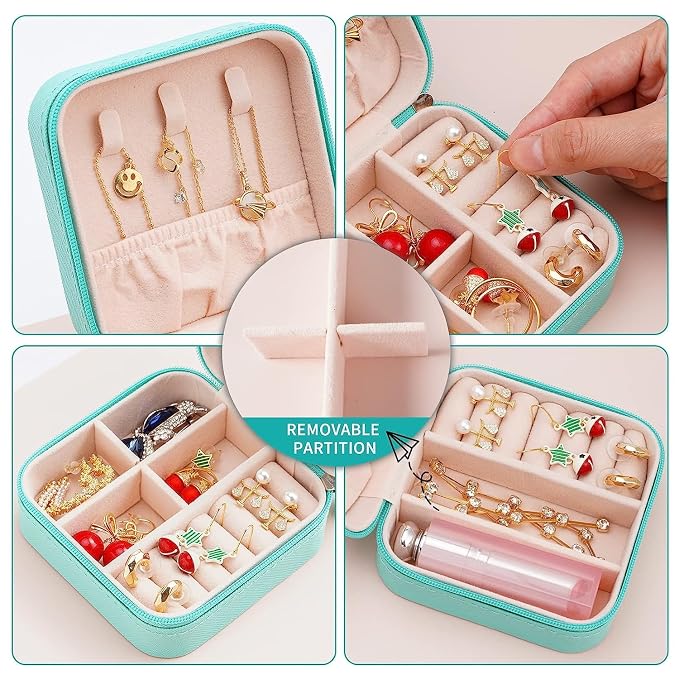 Neveika Portable Travel Mini Jewelry Box Leather Jewellery Ring Organizer Case Storage Gift Box Girls Women (bluex2). - Image 4