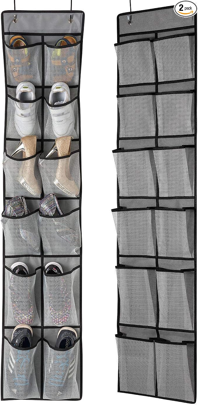 KEEPJOY Over The Door Shoe Organizer 2 Pack,Mesh Pockets Hanging Shoe Rack Over The Door,Shoe Storage Closet with 4 Hooks,Washable and Breathable Fabic,Large Size 57.5×12.6inch(Grey) by KEEPJOY