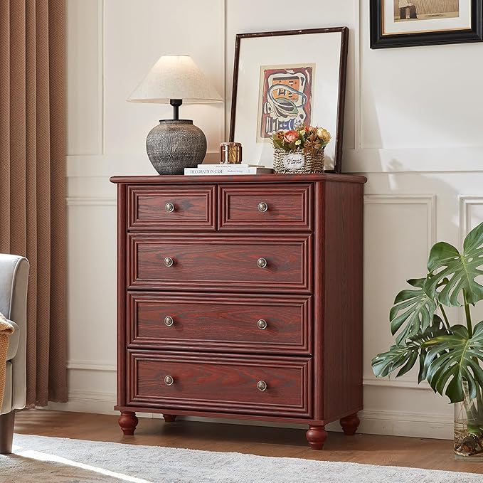 RWYHG Farmhouse 5 Drawer Dresser for Bedroom, 35.5" Tall Small Dressers & Chest of Drawers, Rustic Wood Dresser with Roman Column, Storage Organizer for Living Room, Hallway, Closet (Red Oak)