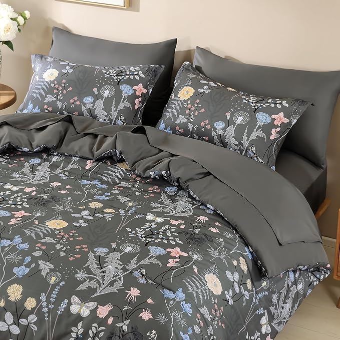 Yiran 7 Piece Grey Floral Comforter Set King Size, Botanical Flowers Bed in a Bag King, Soft Microfiber Complete Bedding Set with Sheets for All Season