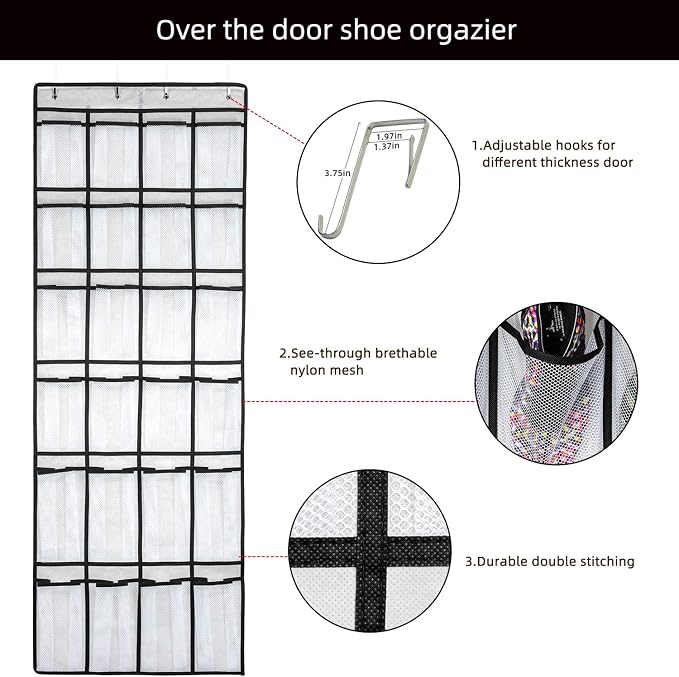 SAVERHO Over the Door Shoe Organizer, Hanging Shoe Organizer with 24 Mesh Large Pockets Door Shoe Rack Organizer for Men Women Kids Hanging Shoe Storage Bag.(White - Image 3