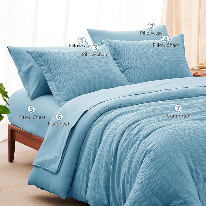 CozyLux Full Size Comforter Sets with Sheets 7 Pieces, Sky Blue Seersucker Bed in a Bag Textured Luxury Soft Bedding Set with Down Alternative Comforter, Sheets, Pillowcases & Shams for All Season