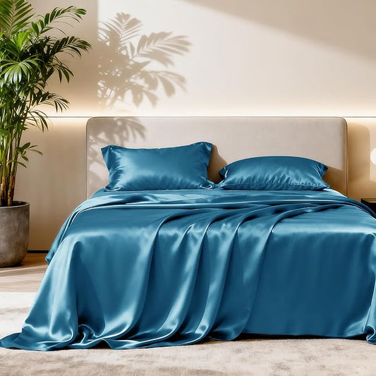 Love's cabin Satin King Sheet Sets - 4 Piece Teal Silky Sheets King Size Bed Set with Deep Pocket, Luxury Silk Feel King Size Satin Sheet Set (1 Flat Sheet,1 Fitted Sheet,2 Pillow Cases)