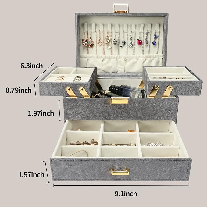 Dajasan Jewelry Organizer Box, Large Velvet Jewelry Boxes for Women Girls, Space-Saving 3 Layers Jewelry Storage Case with Drawer, Movable Metal Stand, Modern, Gift Idea (Grey) - Image 6