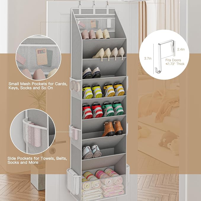 Criusia Shoe Organizer, Over the Door Shoe Organizer, Hanging Closet Shoe Storage with Large Deep Pockets, Fits 16–24 Pairs of Sneakers, Sandals, Boots, Gray - Image 5