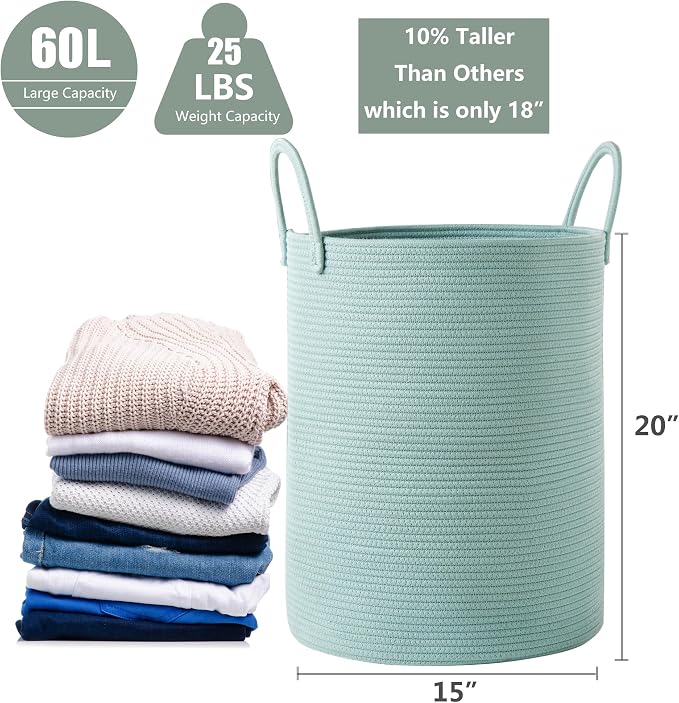 15Dx20H Inches Tall Green Cotton Rope Laundry Hamper Woven Basket for Clothes Blanket Storage in Bedroom Living Room for Baby Nursery Kids Toys Organize 62L Large Capacity - Image 3