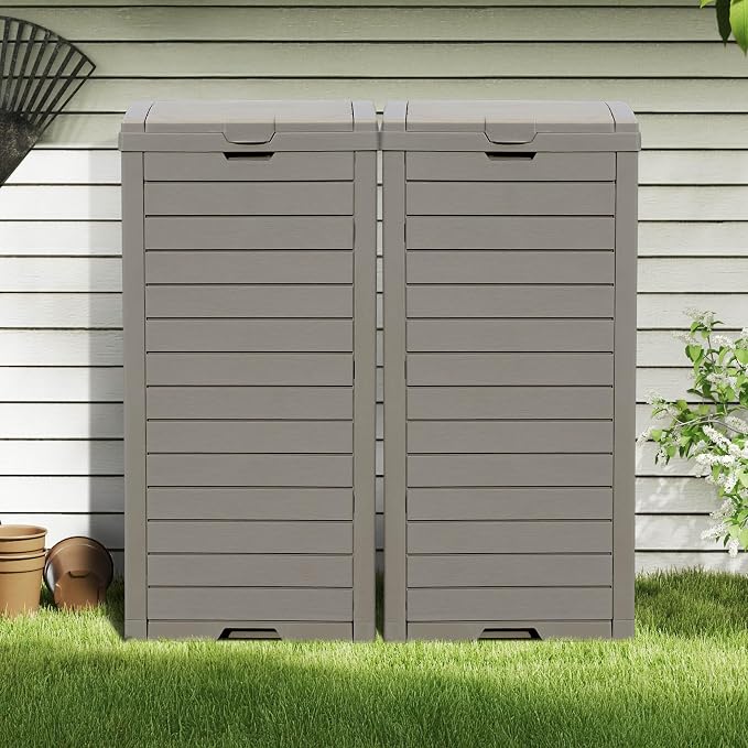 DWVO 38 Gallon Large Outdoor Trash Can, 2-Pack Waterproof Resin Hideaway Garbage Bin with Lid and Drip Tray, Outside Trash Bin for Porch, Backyard, Deck, Patio, Poolside, Easy to Clean, Taupe - Image 2