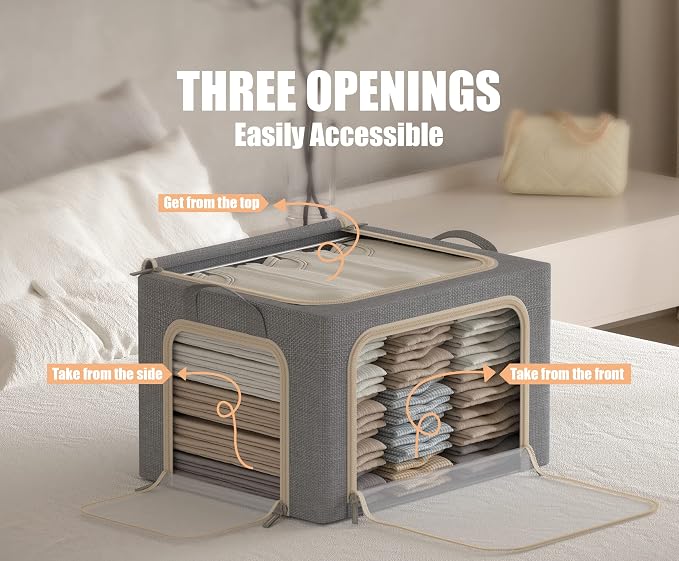 3 Openings Clothes Storage Bins with Metal Frame, Foldable Storage Bin for Clothes, Clothing Storage Bins with Lid, Linen Storage Box With Clear Window＆ Zippers＆ Durable Handles.(3 Pcs,Light Grey,40L) - Image 3