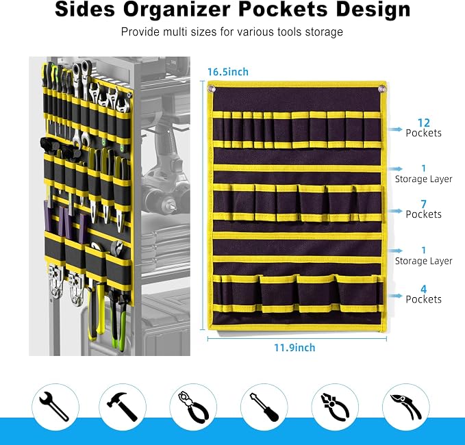 JUNNUJ Large Power Tool Organizer Cart with Charging Station, Garage Floor Standing Rolling Drill and Tools Battery Storage Cart on Wheels, Heavy Duty Rack Shelf with 8 Outlet Power Strip, Yellow - Image 3