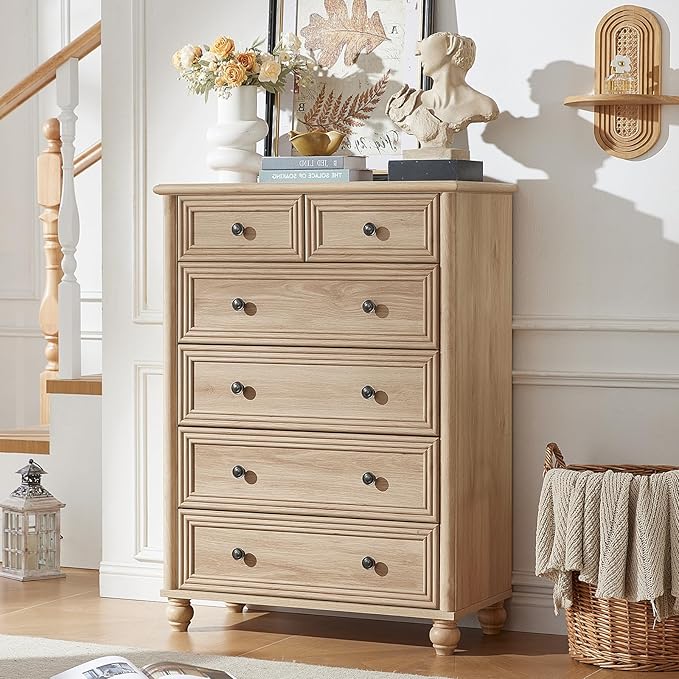 RWYHG Farmhouse 6 Drawer Dresser Set of 2, Natural Chest of Drawers, 43.5" Tall Dressers for Bedroom with Roman Column and Metal Handles, Wood Storage Organizer for Living Room, Hallway, Closet