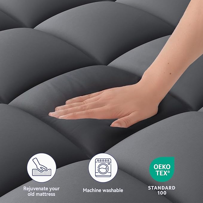ELEMUSE Full Grey Mattress Topper for Back Pain, Extra Thick Mattress Pad Cover, Plush Soft Pillowtop with Elastic Deep Pocket, Overfilled Down Alternative Filling