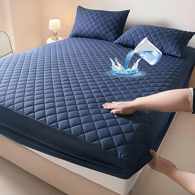 Waterproof Mattress Protector, Queen Size Cooling 3D Air Fabric Bed Pad Cover Noiseless with Deep Pocket 4"-14" Depth, Soft Breathable Dirt-Proof Bed Mattress Cover Washable (Navy Blue, King)