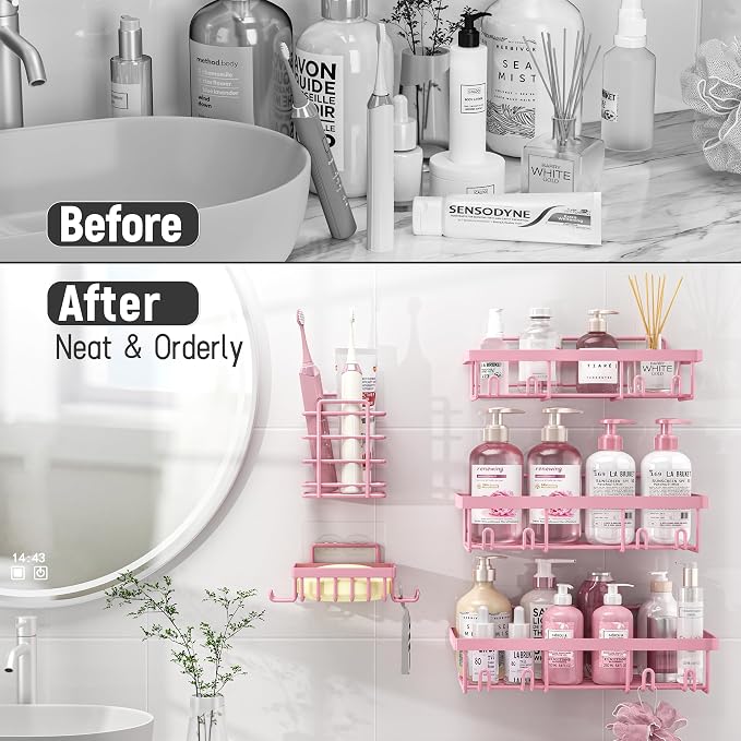 Liuoud 10 Pack Shower Caddy Organizer Rack Shelf for Inside Shower, Self Adhesive Wall Storage Basket Rustproof Stainless Steel Shampoo Holder Bathroom Accessory Decor Set, Pink - Image 7
