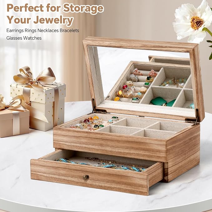 Meangood Jewelry Box Organizer for Women, 2 Layer Large Jewelry Storage Case, Rustic Wooden Jewelry Box with Mirror & Ring Tray for Necklace Earring Bracelets Rings, Vintage Style (Torched Wood) - Image 2