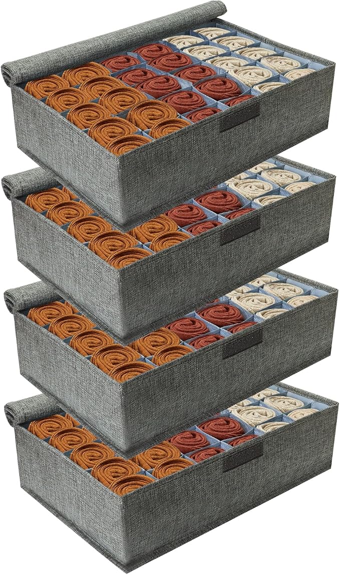 PINGMIC Gray Sock Organizer Divider 4 Pack with Lid - 30 Cell Foldable Closet Storage, Tie Organizer For Men Boxes for Socks, Ties, Belts by PINGMIC