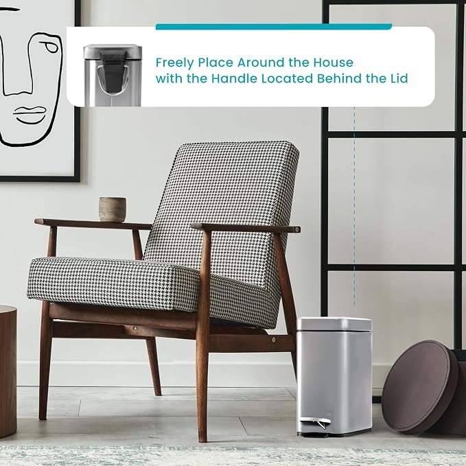 Home Zone Living 1.3 Gallon Small Bathroom Trash Can with Lid and Step Pedal, Stainless Steel Wastebasket with Slim Design for Home and Office, Silver, 5 Liters - Image 4