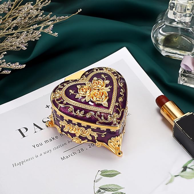 Hipiwe Decorative Jewelry Box Purple Vintage Jewelry Storage Case with Rose Pattern Heart Shaped Treasure Chest Box for Earrings Ring Necklace Keepsake Organizer - Image 6