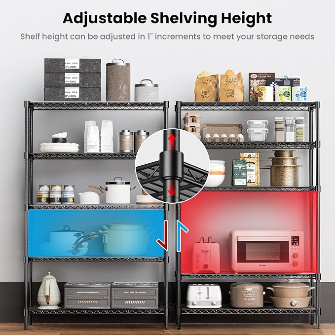 45" W Storage Shelves 5 Tier Wire Shelving, Adjustable Metal Shelving Unit with Shelf Liners, 1875LBS Heavy Duty Storage Rack for Garage Pantry Kitchen Commercial, 45" W x 16" D x 72" H, Black - Image 5