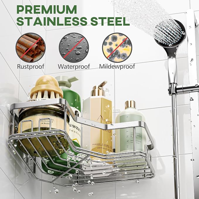 MAXIFFE 3 Pack X-Large Corner Shower Caddy with Soap Holder, Large Capacity Easy Install No Drilling Stainless Steel Sturdy Hold 40 LB Shower Organizer Shelves Rack for Family Renters Bathroom, Silver - Image 5