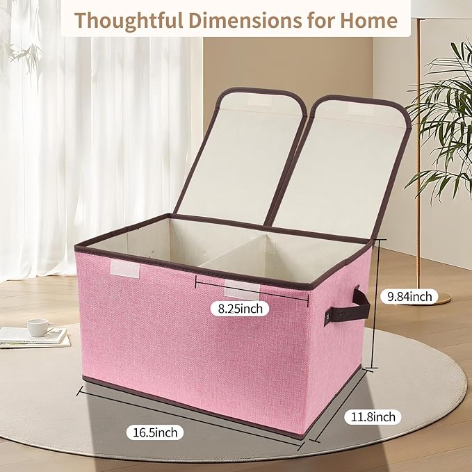 Foldable Fabric Storage Box with Double-Lid & Dividers, Large Organizer for Home, Closet, Office (Pink, 2 Packs) - Image 2