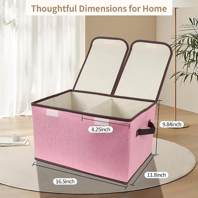 Foldable Fabric Storage Box, 16.5 x 11.8 x 9.8 inches (L x W x H), with Double-Lid & Dividers, Large Organizer for Home, Closet, Office(Pink, 4 Packs) - Image 2