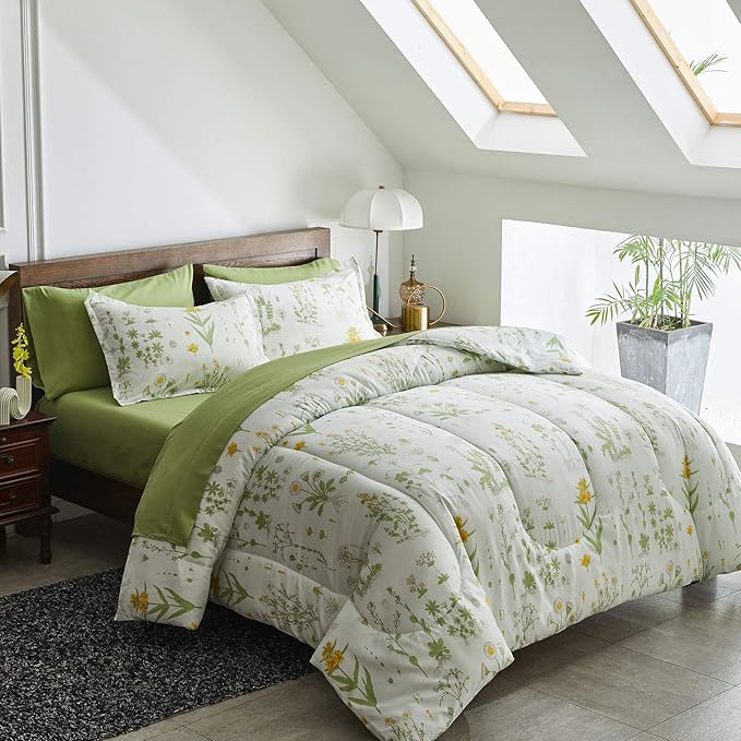 Joyreap 6 Piece Bed in a Bag Twin, Green Leaves Yellow Flower Botanical Design, Smooth Soft Microfiber Comforter Set (1 Comforter, 2 Pillow Shams, 1 Flat Sheet, 1 Fitted Sheet, 1 Pillowcase)
