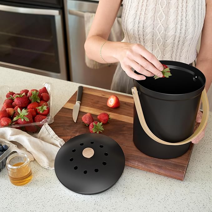Beautiful Kitchen Compost Bin with Smell Proof Lid - Rust Proof and Odorless Compost Bucket for Your Countertop with No Smell Filters - Easy to Clean 1.1 Gallon Bin Looks Great On Any Kitchen Counter - Image 4
