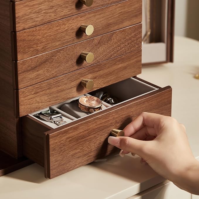 CHOSIN Black Walnut Wooden Jewelry Box, 6-Layer Lockable Wood Jewelry Organizer with Mirror, Side Doors & Brass Handle, Classical Design for Rings, Necklaces, Earrings, Mothers Day Gifts for Mom - Image 6