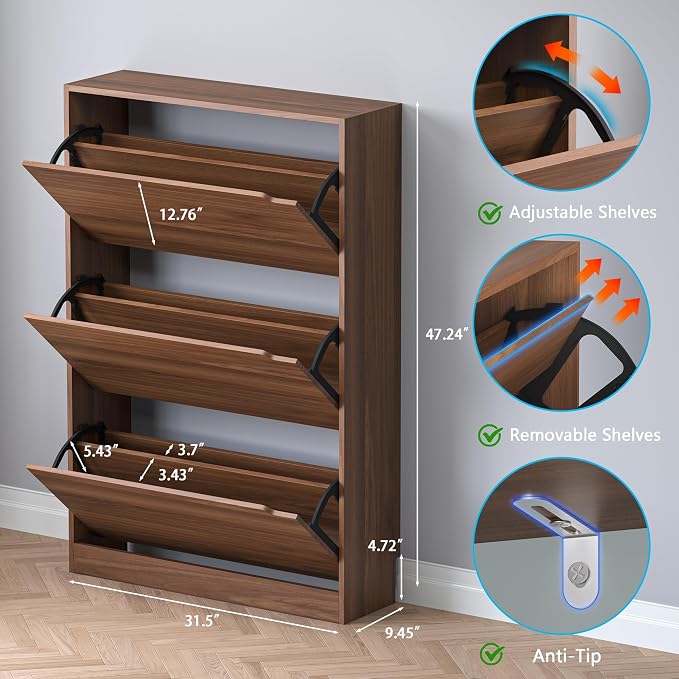 BORNOON Shoe Cabinet with 3 Flip Drawers, Slim Narrow Shoe Storage Cabinet, Freestanding Shoe Organizer with Adjustable & Removable Shelves, Top Display Shelf for Entryway, Hallway, Foyer, Closet - Image 2