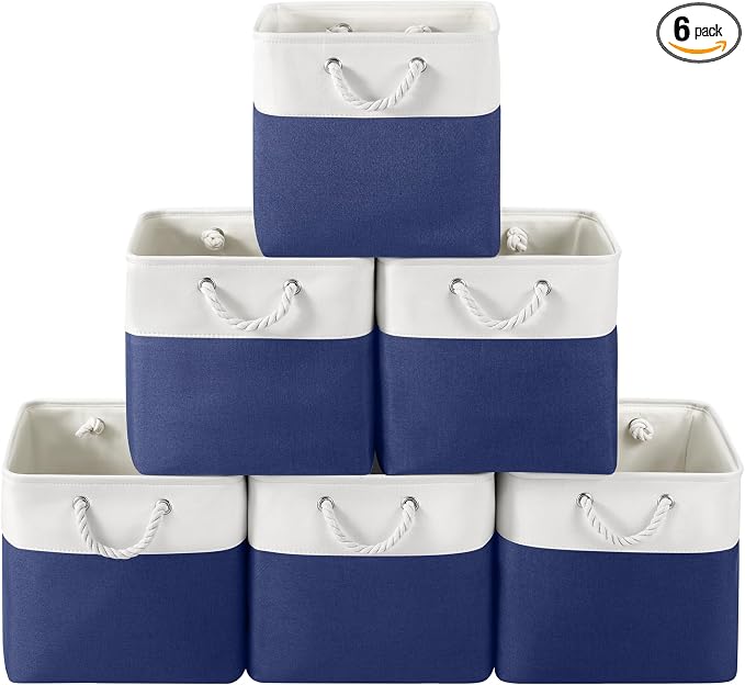 13 x 13 Inch Cube Storage Bins, 6 Pack Fabric Storage Basket with Handles, Foldable Boxes Organizer for Shelf Baskets for Home, Clothes (White/Blue) by VQRTEXAStorageBasket
