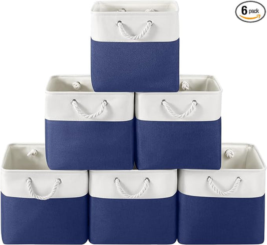 13 x 13 Inch Cube Storage Bins, 6 Pack Fabric Storage Basket with Handles, Foldable Boxes Organizer for Shelf Baskets for Home, Clothes (White/Blue) by VQRTEXAStorageBasket