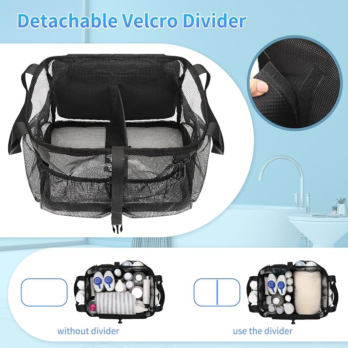 Mesh Shower Caddy Portable, Quick Dry Hanging Toiletry Bag for College Dorm Essentials with 4 Pockets/Divider/Plastic Bottom, Travel Tote Bag for Camping, Bathroom, Beach, Swimming, Gym - Image 5