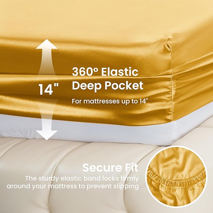 Love's cabin Satin Queen Sheets Set - 4 Piece Gold Silky Bed Sheets with Deep Pocket, Luxury Silk Feel Satin Queen Size Sheet Set (1 Flat Sheet,1 Fitted Sheet,2 Pillow Cases)