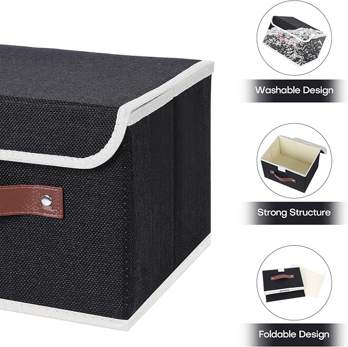 ANMINY Storage Bin with Lid Storage Boxes with PU Leather Handles PP Plastic Board Decorative Foldable Lidded Cotton Linen Fabric Home Cubes Baskets Closet Organizer Container - Black, Small Size - Image 4
