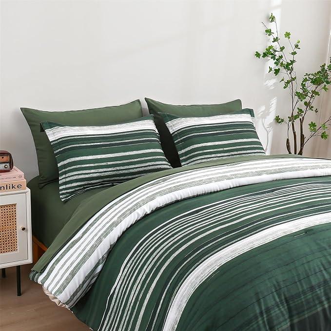 KAKIJUMN 7 Piece Bed in a Bag Stripe Comforter Set King Size, White Grey Green Patchwork Striped Comforter and Sheet Set, All Season Soft Microfiber Complete Bedding Sets(Dark Green,King)