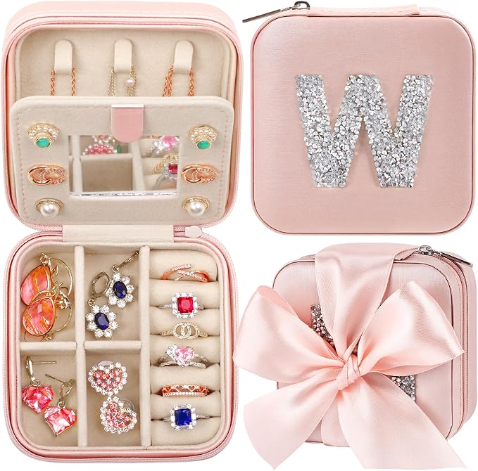 CHMI Travel Must Have Jewelry Case,bridesmaids proposal gifts,Travel Jewelry Case,Graduation Gifts for Her,Small Jewelry Organizer Box,Birthday Gifts for Women Initial pink W by CHMI