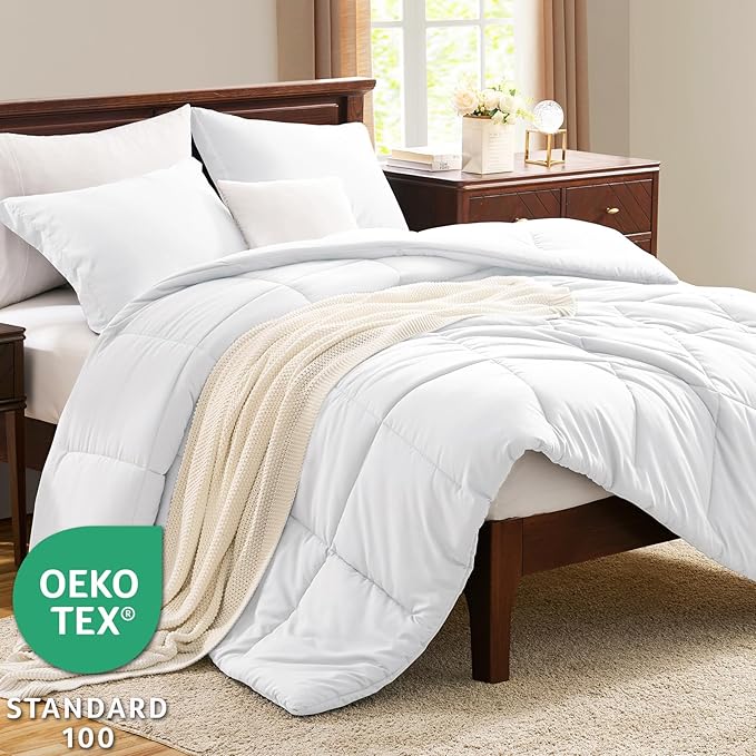 CozyLux California King Comforter Set White - 3 Pieces Cal King Box Stitched Quilted Bedding Sets, Soft Breathable Bed Sets for All Seasons with 1 Down Alternative Comforter and 2 Pillow Shams