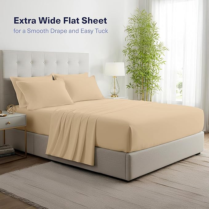 Kickoff Viscose Bamboo Sheets Short Queen Size 4-pc 100% Organic Bamboo Viscose Bed Cooling Sheets Short Queen Size Set Cool Bedding for hot Sleepers Sheet, Flat, Fitted, Pillowcases (Beige, SQ)
