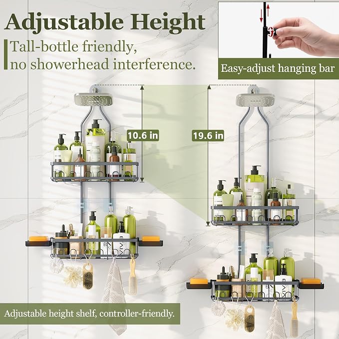 Skyapex Shower Caddy Hanging: Adjustable Height Organizer for Over Showerhead - Rustproof Shower Shelves with Hooks & 2 Soap Holders - Image 3