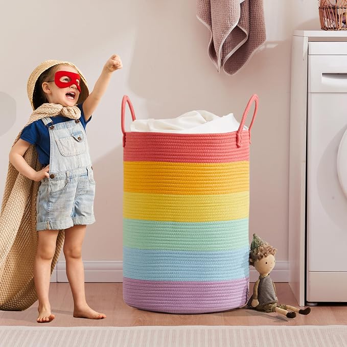 80L Extra Large Rainbow Laundry Hamper Basket for Girls Kids Tall Unicorn Baby Nursery Hamper for Clothes Woven Rope Blanket Toy Basket in Living Room Playroom Bedroom 16"D x 22"H - Image 6