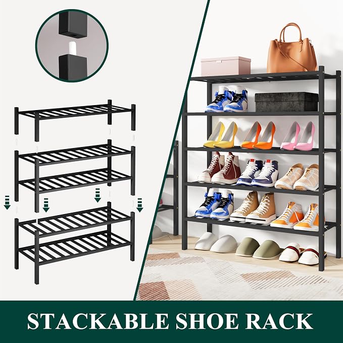 Smiry Shoe Rack, 2 Tier Bamboo Shoe Organizer, Stackable Free Standing Wooden Shoe Storage Shelf for Closet, Entryway, Front Door Entrance, Black - Image 4