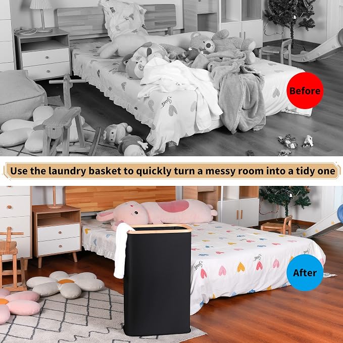 iEGrow 60L Slim Laundry Hamper, Narrow Laundry Basket with Lid,Foldable Clothes Hamper with Bamboo Handles,Hamper Basket with Removable Inner Bag for Laundry Room Bedroom College Dorm,Black - Image 4