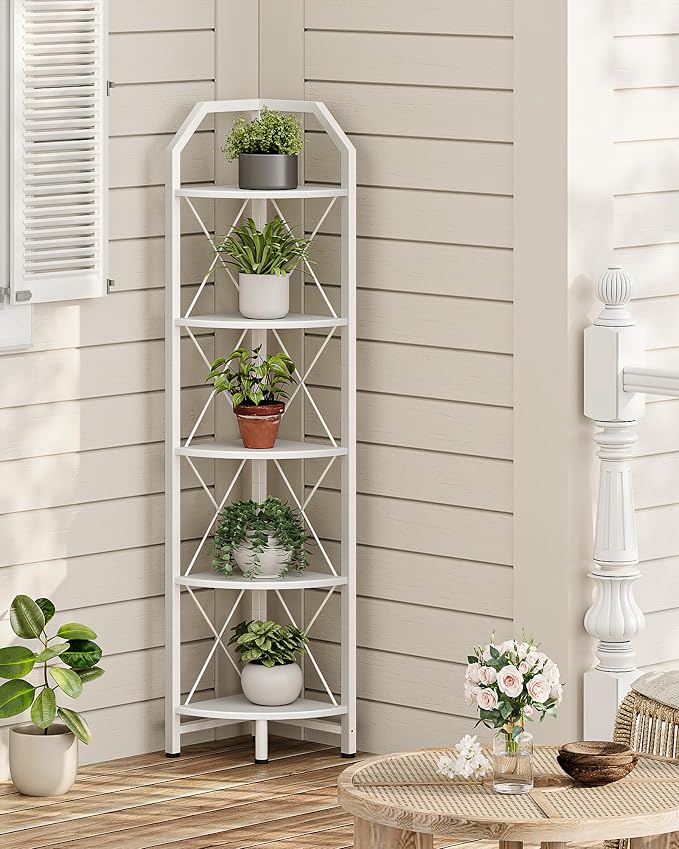 CHOEZON 5-Tier Corner Shelf, Industrial Corner Bookshelf, 59.4" Corner Storage Stand, Plant Stand Display Shelf, Corner Bookcase for Bedroom, Living Room, Home Office, White TCJ10WB - Image 5