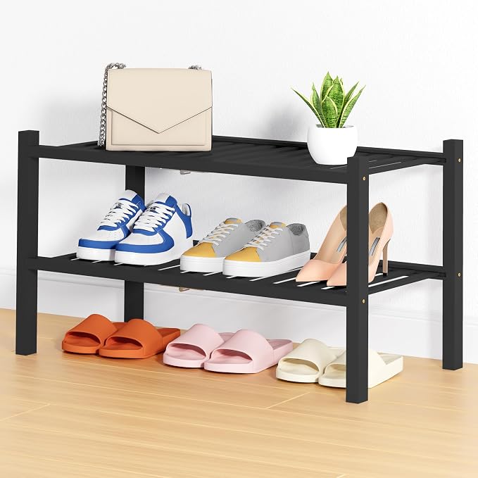 Smiry Shoe Rack, 2 Tier Thick Bamboo Shoe Organizer, Stackable Free Standing Wooden Shoe Storage Shelf for Closet, Entryway, Front Door Entrance, Black by Smiry