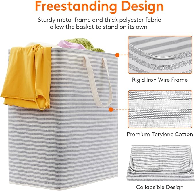Lifewit 2 Pack Laundry Basket 100L Each, Collapsible Clothes Hamper with Reinforced Handles, Freestanding Waterproof Design for Bedroom and Laundry Room, Grey 200L Total - Image 2