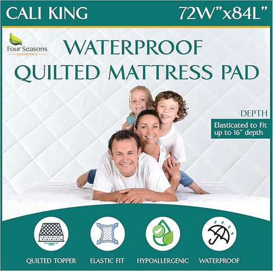 California King Size Waterproof Mattress Pad - Fitted Mattress Protector with Quilted Pillow Top Mattress Topper - Premium Quality Hypoallergenic Mattress Cover (72”x84”)