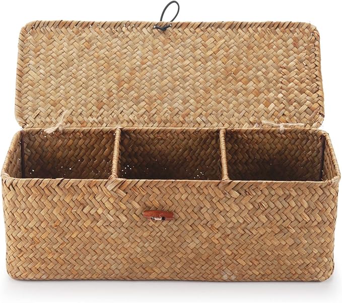 DECRAFTS Seagrass Storage Basket with Lid Rectangular Small Woven Shelf Baskets with Sections for Organize Snack Toys Tampon - Image 2
