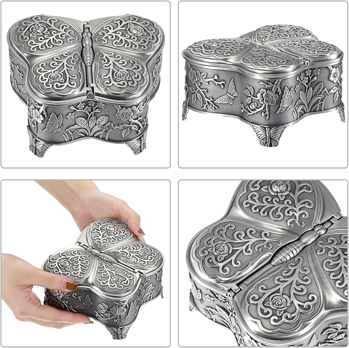 Hipiwe Antique Metal Jewelry Box Butterfly Shape Jewelry Organizer Vintage Trinket Storage Box Treasure Chest Ring Holder Earrings Necklace Storage Box Decorative Metal Box for Women, Large - Image 5