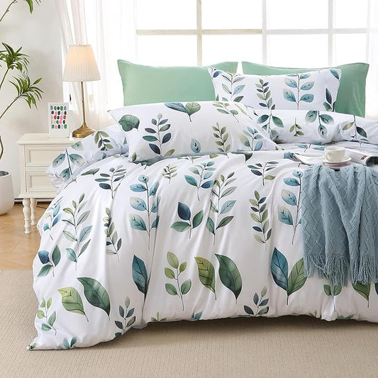 MUXHOMO Grey Green Foliage Full Comforter Set, Elegant Floral Print Bed in a Bag 7 Pieces, Soft & Breathable Reversible Botanical Pattern Bedding Set with Comforter, Sheets, Pillowcases, and Shams