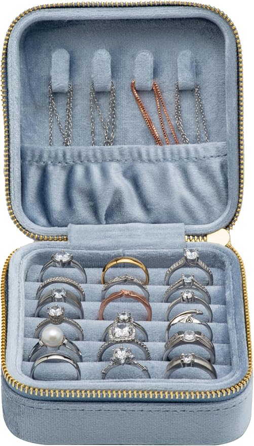 Velvet Multiple Square Ring Box Jewelry Organizer Display Tray with Zipper Around, Earring Holder Case for Wedding Birthday Christmas Valentine Day (Light Ocean Blue) - Image 2
